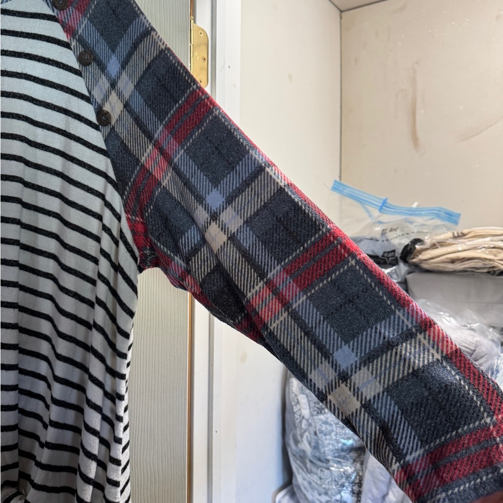 Maurices Black & White Striped Top with Blue Plaid Trim - Picture 3 of 5